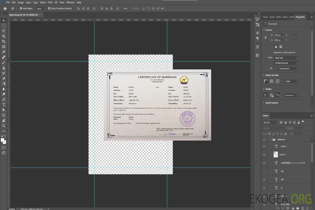 Modèle PSD de certificat de mariage en Érythrée template